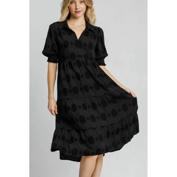 Umgee Midi Dress Black Swiss Dot Jacquard Tiered Collared SZ M Flowy Boho Chic - Picture 1 of 9
